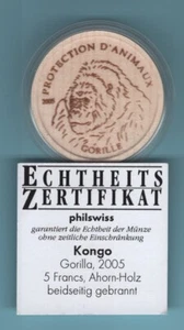Kongo - Kinshasa KONGO 5 Francs 2005 Gorilla WWF Erste Holzmünze der Welt ! - Bild 1 von 2