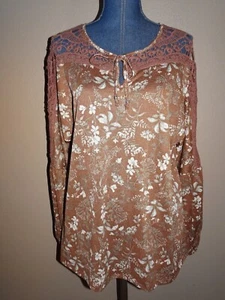 Daytrip Brown Floral Embroidered Trim Neck Ties Peasant Boho Top Size XL NWT - Picture 1 of 4
