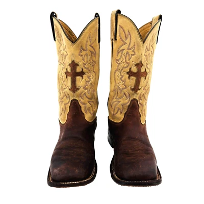 Hombres/Jóvenes 6.5 Tony Lama Tostado Cuero Marrón Punta Cuadrada Cruz Botas de Vaquero del Oeste Foto 1 de 4