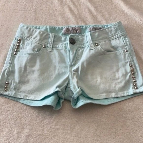 DayTrip Shorts Womens 26 Capricorn Blue Green Studded Western Low Rise Denim - Image 1 of 4