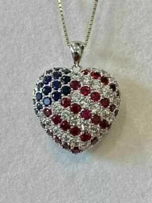 1.74Ct Round Cut Simulated Red Ruby US Flag Heart Pendant 14K White Gold Plated - Image 1 of 3