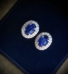 NEW Natural Blue Kyanite & White Zircon Dark Moon Filigree Platinum Stud Earring - Picture 1 of 10