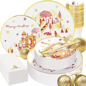 175Pcs Christmas Plastic Plates - White Red Disposable Plates - Christmas Train  - Picture 1 of 12