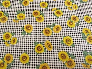 Cotton Fabric Cranston VIP Joan Messmore Sunflower Print Black Gingham BTY x 44 - Picture 1 of 7