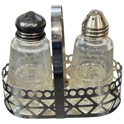 Vintage Hazel Atlas Glass Pillar Metal Tray Crystal Salt and Pepper Shakers - Image 1 of 4