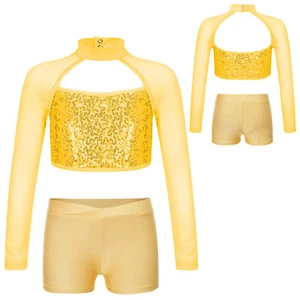 Kids Girls Tracksuit Modern Crop Top With Shorts Active Outfit Figure Skating - Picture 1 of 46