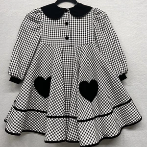 Vintage Bonnie Jean NY schwarz & weiß Gingham Kleid Schleife Herzen Kreis Rock Samt 6 - Bild 1 von 14