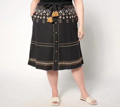 Denim and Co Canyon Retreat Oasis Embroidered Linen Skirt Size 2X Washed Black - Image 1 of 4