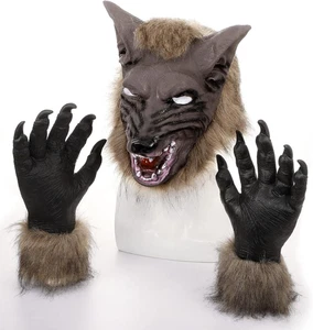 Set Costume Lupo Mannaro Halloween Sratte Maschera Testa di Lupo e Artigli Guanti per Adolescenti - Foto 1 di 7