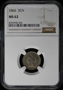 1866 Three Cent Piece - Copper Nickel 3CN NGC MS62 - Picture 1 of 4