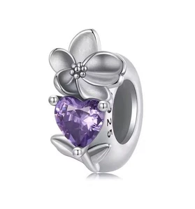 Charm Stopper Perle 925 Silber Blume lila Herz Zirkon - Anhänger für Armband - Bild 1 von 3