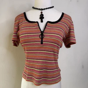 Vintage 90s Striped Baby Tee Ribbed Zip Crop Top Shirt Skater Punk Grunge S/M - Picture 1 of 6