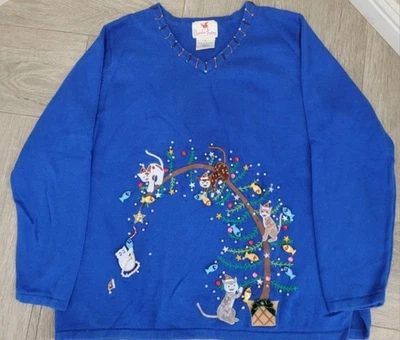 90s Y2k Vintage Quaker Factory Blue Cat Kitten Fishing Christmas Tree Sweater XL - Image 1 of 4