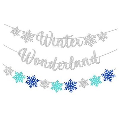 3Pcs зимние Wonderland баннеры, блестящий снежинка баннер Рождество серебро синий - Изображение 1 из 4