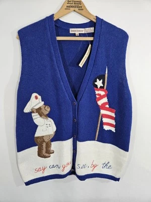Lauren Hansen De Colección Suéter Chaleco Patriótico Bandera Americana EE. UU. Oso Nuevo con Etiquetas Talla M Foto 1 de 4