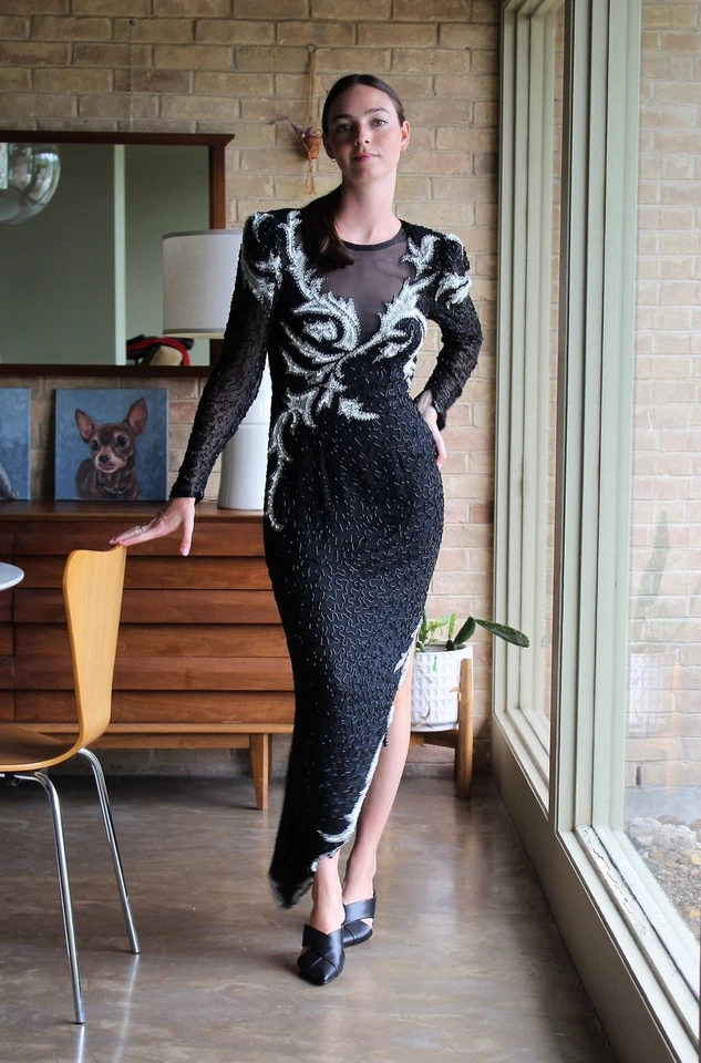 Vintage 80s Beaded Evening Gown A.J. Bari Black Silk Maxi Dress S Women - Image 1 of 4