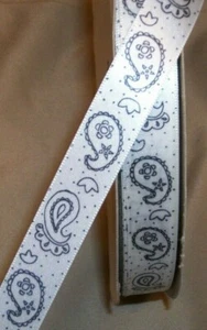 10 YDS. WHITE & BLACK PAISLEY SINGLE FACE SATIN RIBBON 5/8" w - Picture 1 of 1