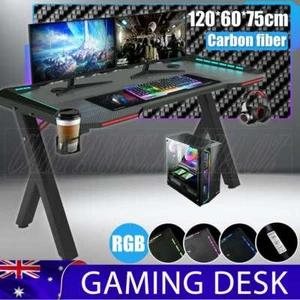 Adjustable LED Gaming Desk Computer Table w/Cup Holder Headphone Hook Cable Hole - Picture 1 of 12