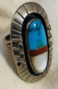 VINTAGE Unusual Zuni Sterling Silver Bicentennial Turquoise Coral Ring Size 8.75 - Picture 1 of 4