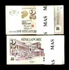 Singapore 2 DOLLARS P-46 2007-2023 x 100 Pcs BUNDLE UNC Polymer Singaporean NOTE - Picture 1 of 9