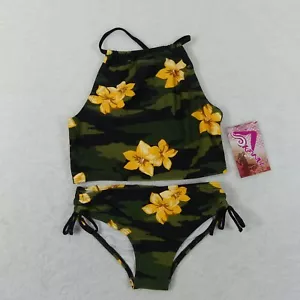 Kanu Surf Swimsuit Girls 14 Green Camo Floral 2 Piece Halter Tankini Swimwear - Picture 1 of 24