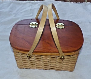 BOLSO CESTA CENIZA HECHO A MANO HECHO A MANO CON TAPA DE MADERA, ASAS - Imagen 1 de 19