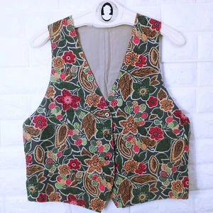 Vintage 80s-90s Catalina Floral Safari Vest Waistcoat Lady-10 Cotton Tie-Belt - Picture 1 of 12