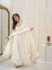 Bollywood Look Faux Georgette White Gown Bottom With Dupatta For Wedding Wear - Picture 1 of 10