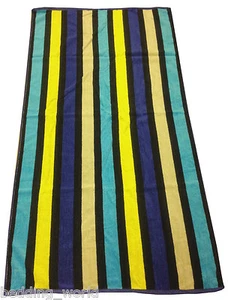 BEACH TOWEL STRIPES BLUE YELLOW JUMBO LARGE BATH SHEET BLACK SKY BEIGE COTTON - Picture 1 of 1