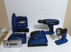 5 Pc Delta 18V Tool Set Drill Brad Nailer Jigsaw Sander Flashlight, Barely Used - Picture 1 of 6