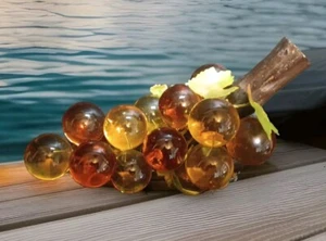 Lucite Grape Cluster 12" 2 Tones Amber Acrylic With Stem & Leaves 7"H - Picture 1 of 11