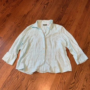 HARVE BENARD Turquoise Blouse 2X Linen Cotton Blend LONG SLEEVE Button Shirt EUC - Picture 1 of 11
