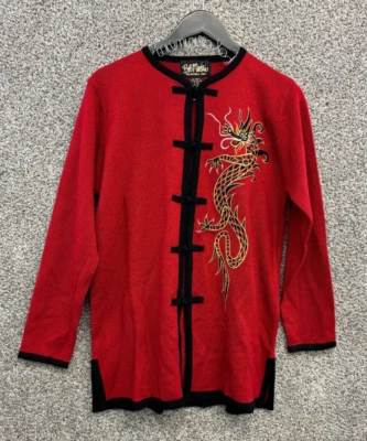 Bob Mackie Wearable Art Cardigan Sweater Red Asian Theme Dragon Frog Knot Size S - Image 1 of 4