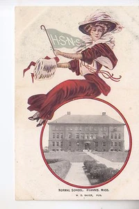 College Girl with Pennant on State Normal School Hyannis MA Mass - Picture 1 of 1