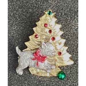 Gold Tone Christmas Tree Brooch Pin Silver Tone Terrier Dog Rhinestones - Picture 1 of 2