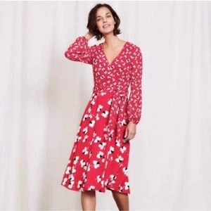 Boden Red Eden Floral Faux Wrap Dress Long Sleeves Womens 16L Knee Length - Picture 1 of 10