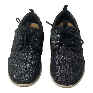 Del Rey Toms Sneakers Women’s Size 6.5 Textured Tie Woven Fabric Black Silver - Picture 1 of 9