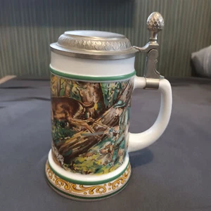 Bierkrug, Bierseidel mit Zinn Deckel, REIN-ZINN, Original BMF, Jagdtmotiv - Bild 1 von 10