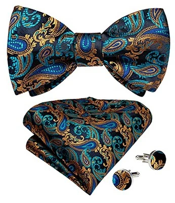  Mens Bow Tie Paisley Striped Self Bow Tie for Men Silk Woven 05 Teal Brown - Image 1 of 4