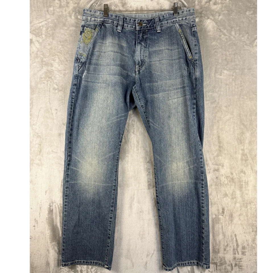 Pantalones de mezclilla Artful Dodger para hombre bordados Phoenix Dragon azul talla 36 Foto 1 de 4