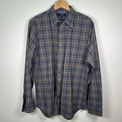 Camisa Banana Republic Para Hombre L Gris A Cuadros Abotonada Calce Ajustado Suave Lavado Dorado Negro Foto 1 de 4