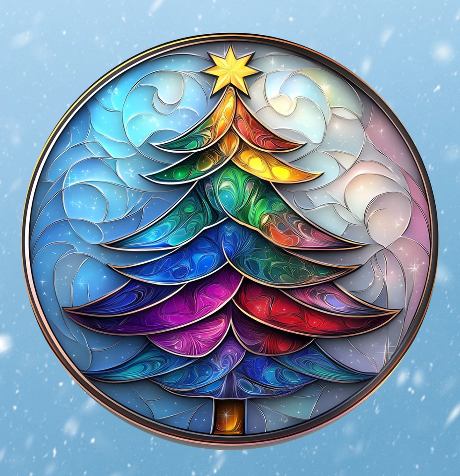 Colorful Christmas Tree Faux Stained Glass WINDOW CLING Size 8" Round Vinyl - Image 1 of 1