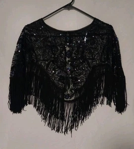 Scialle donna paillettes perline nero e rete iridescente cappuccio flapper colletto - Foto 1 di 5