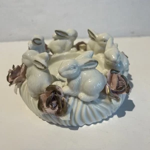 Vintage bunny rabbit and roses flowers candle holder or jewelry tray trinket - Picture 1 of 8
