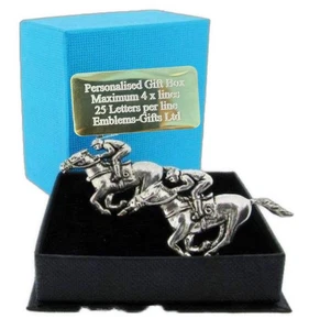 Race Horses Pewter Cufflinks in Personalised Gift Box - Picture 1 of 2
