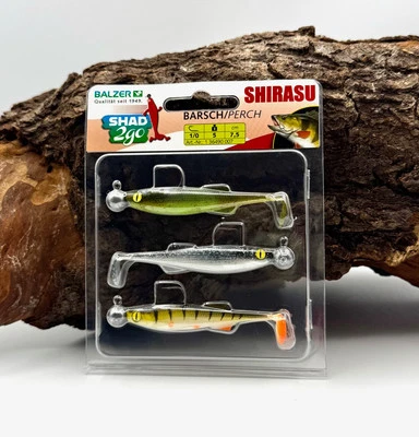 Balzer Shirasu Shad 2Go Barsch Set 3 Farben 5g 7,5cm Gummifisch Jighead Montiert - Bild 1 von 2