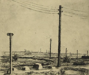 Arnold Hilmer 1908-1993 Hamburg / Radierung Bahngleise Strommasten / um 1930 - Bild 1 von 12