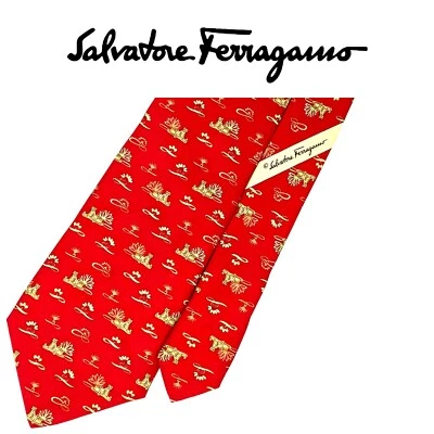 Salvatore Ferragamo Red Tie -  Yellow Micro Tigers Green Floral Italy Silk Tie - Image 1 of 4