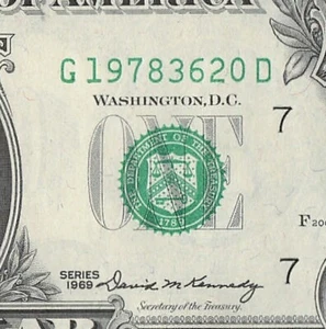 1969 Chicago One Dollar Schein G19783620D F200 Back Plate 1278 Crisp UNC - Bild 1 von 11