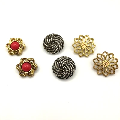 Shank craft/sweater buttons, 3 sets of 2 each, silver, gold, gold w/ red center - Image 1 of 4